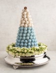 Blue Truffle Tower with silver stand and flowers