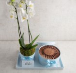 Baby boy blue chocolate tray with Orchid flower